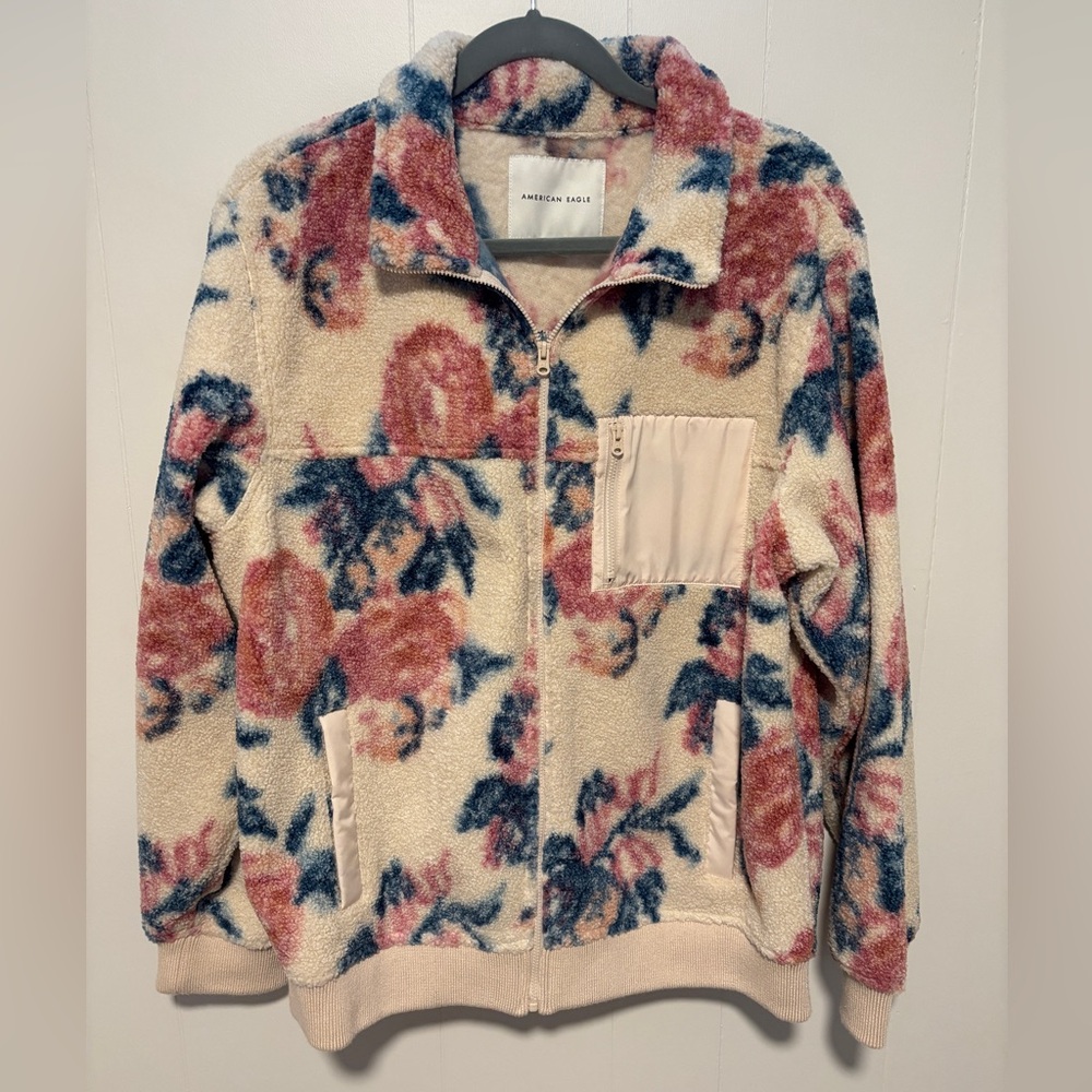American Eagle Outfitters Women's Teddy Jacket - Cream, Pink, Blue NWOT